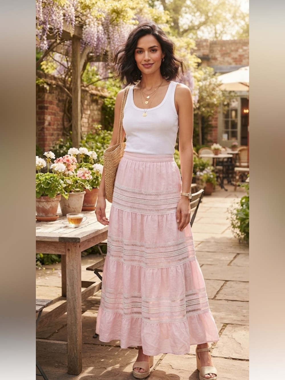 New Solitaire Light Pink Tiered Maxi Skirt size S - Picture 5 of 12